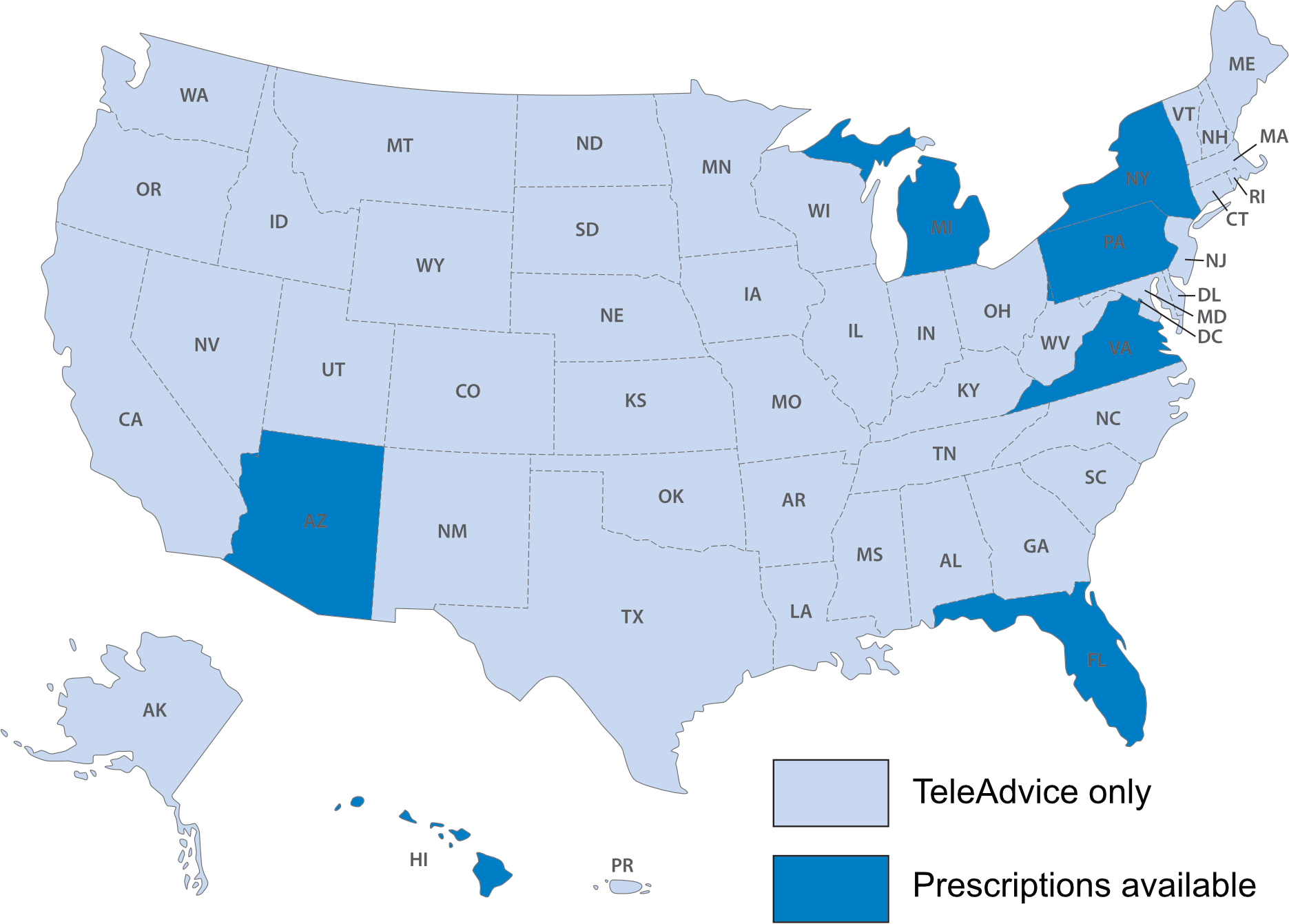TelePAWS | Map of US States for Prescriptions