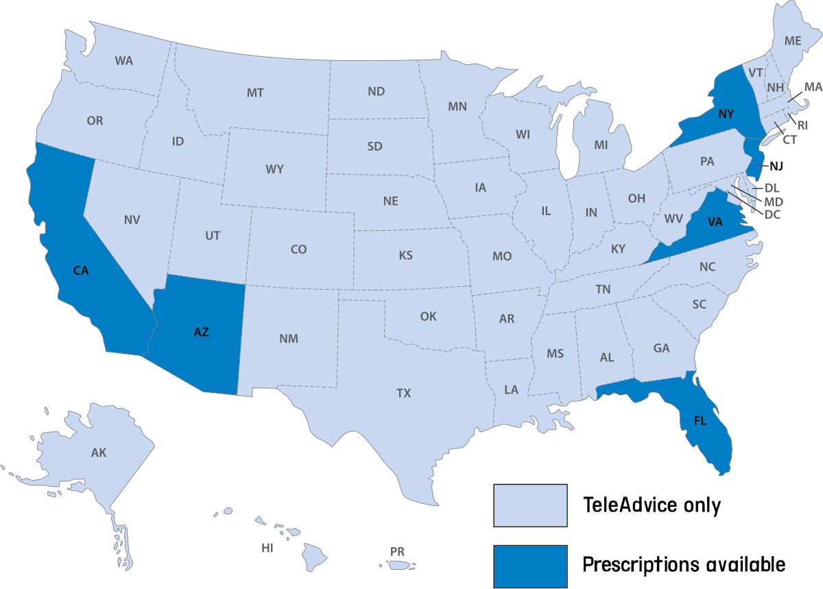 Map of US States that allow Pet Prescriptions TelePAWS VIP Online